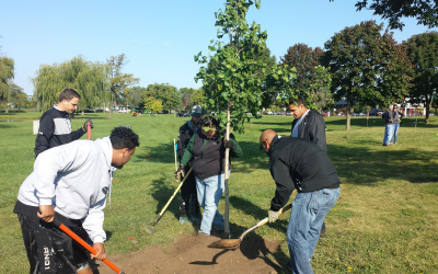 A group of youth and adults planting trees.